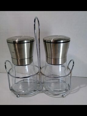 3 Piece Stainless Steel & Glass Salt And Pepper Grinder Mill Set W/Holder